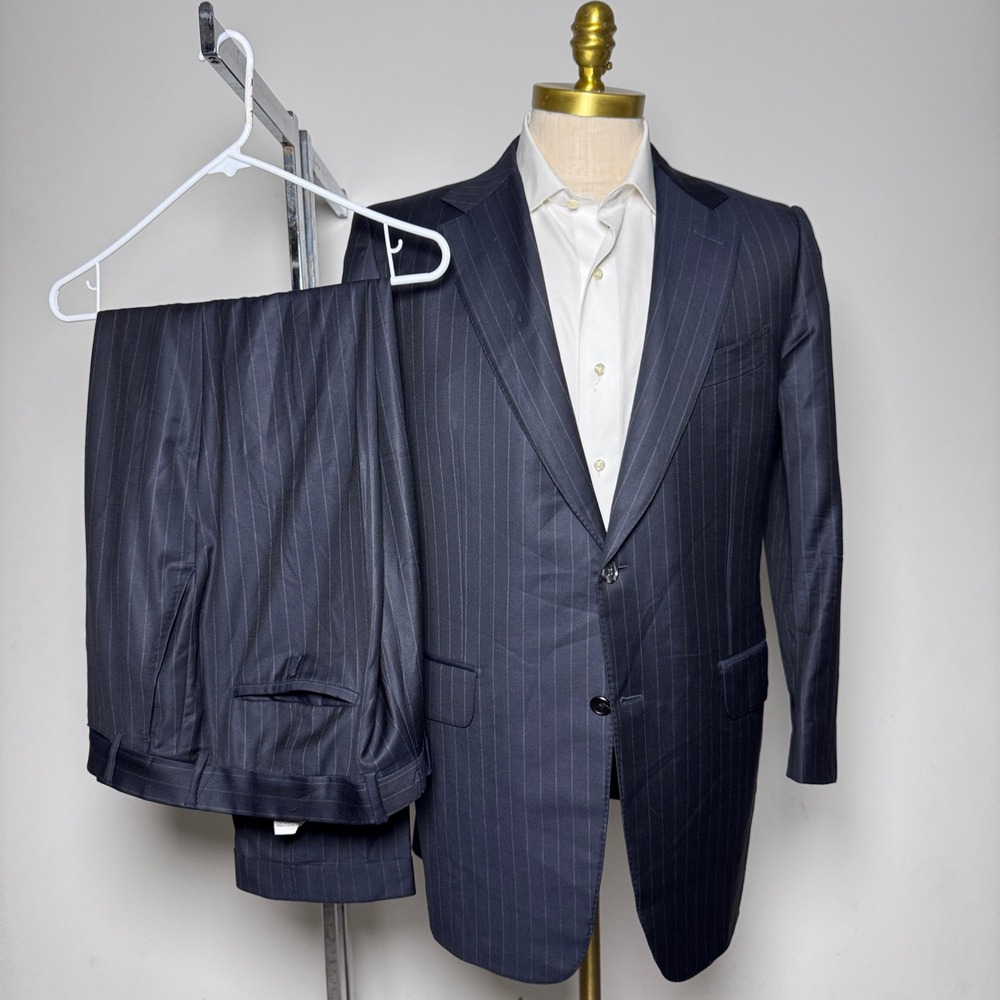 Dunhill Suit Mens 44R W36 Navy Blue Pinstripe Wool Silk Two Button Spain